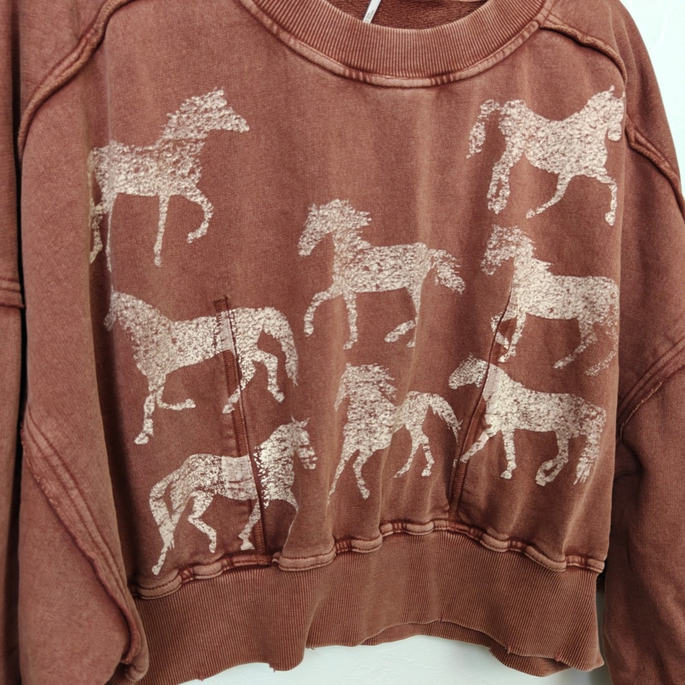 Free People Gaia Sweatshirt Womens XS Brown Horse Graphic Cropped Boho Western - Picture 7 of 9